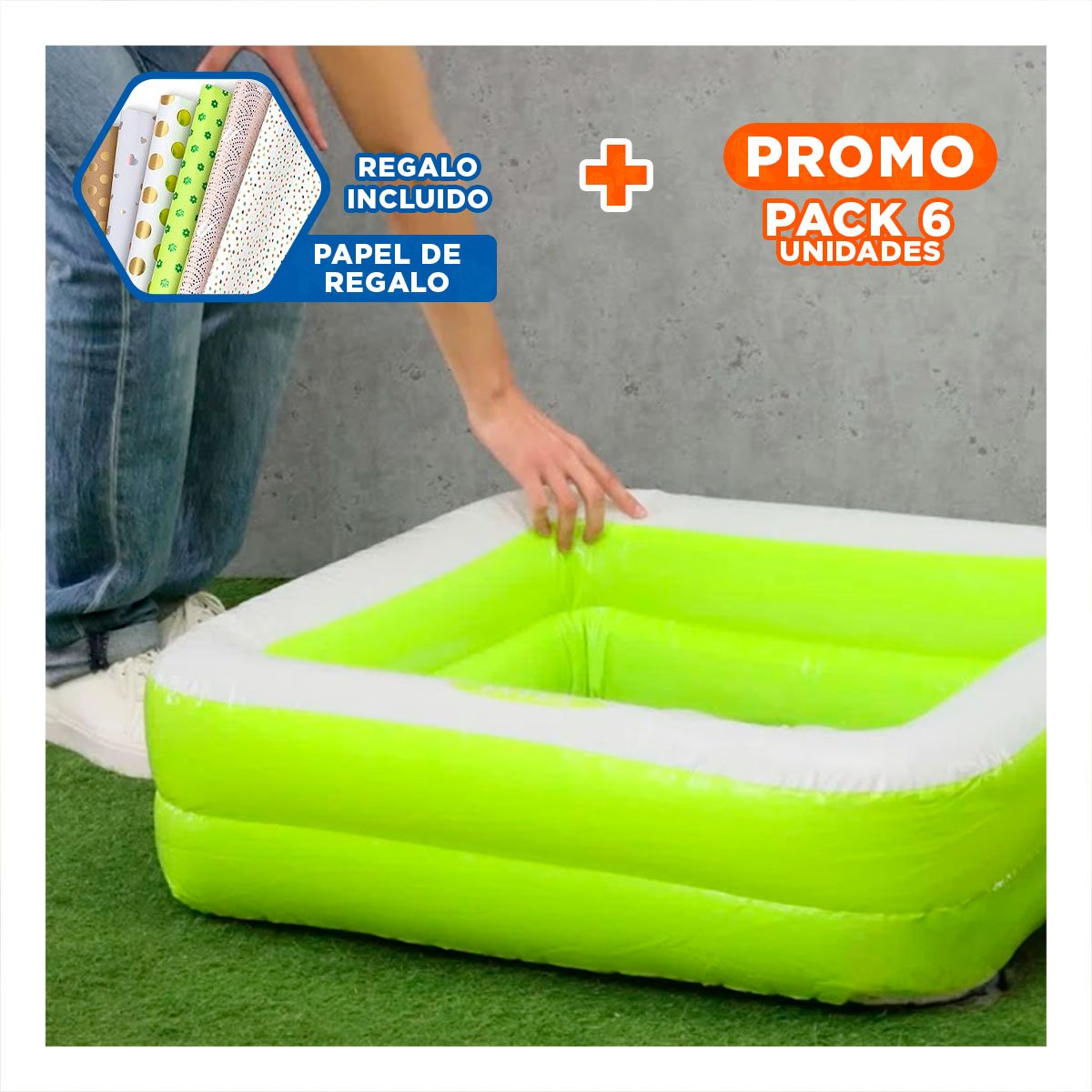 PACK6 PILETA ACOLCHADA VERDE 85X85X23CM PARA JUEGOS EN EL HOGAR Y+PAPEL REGALO - 1