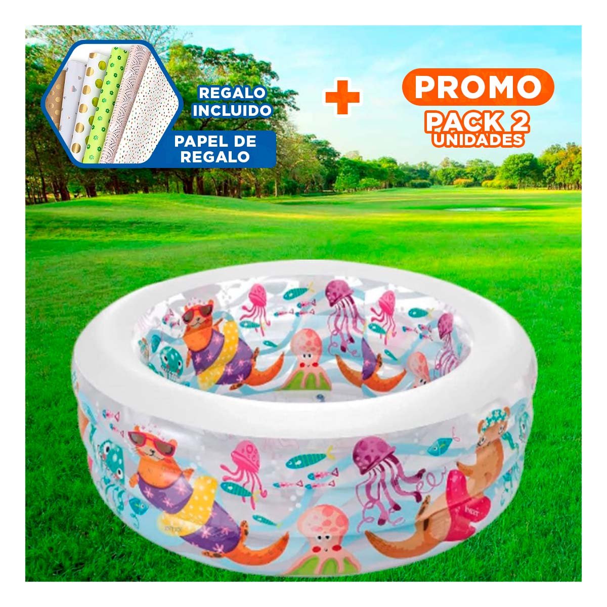 PACK2 PISCINA INFANTIL TEMATICA AMIGOS DEL MAR 163 X 107 X 46 CM PARA PATIO Y+PAPEL REGALO - 1