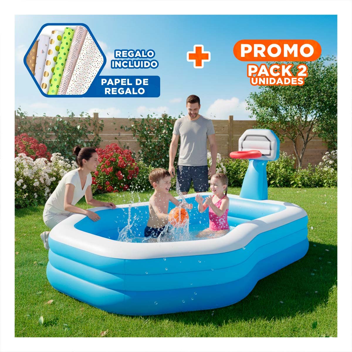 PACK2 ZONA DE AGUA FAMILIAR 188 X 257 X 13 CM CON CANASTA DE BALONCESTO Y+PAPEL REGALO - 1