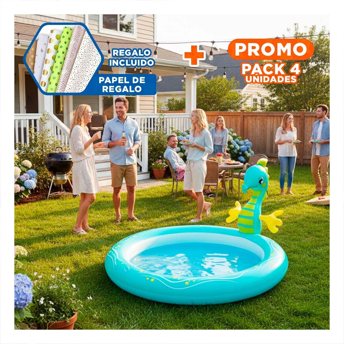 PACK4 PILETA INFLABLE CABALLITO DE MAR PARA HOGAR Y CASA CON ESTILO MARINO Y+PAPEL REGALO - 1
