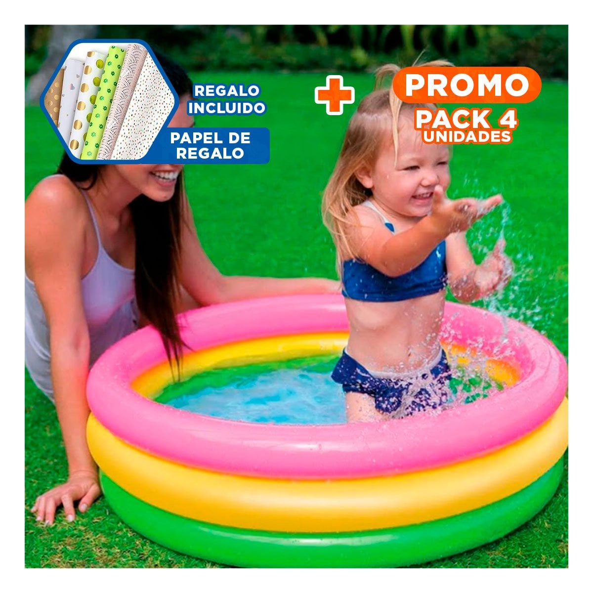 PACK4 PISCINA PARA BEBES ARCOIRIS 61 X 22 CM CON ZONA DE AGUA COLORIDA Y+PAPEL REGALO - 1