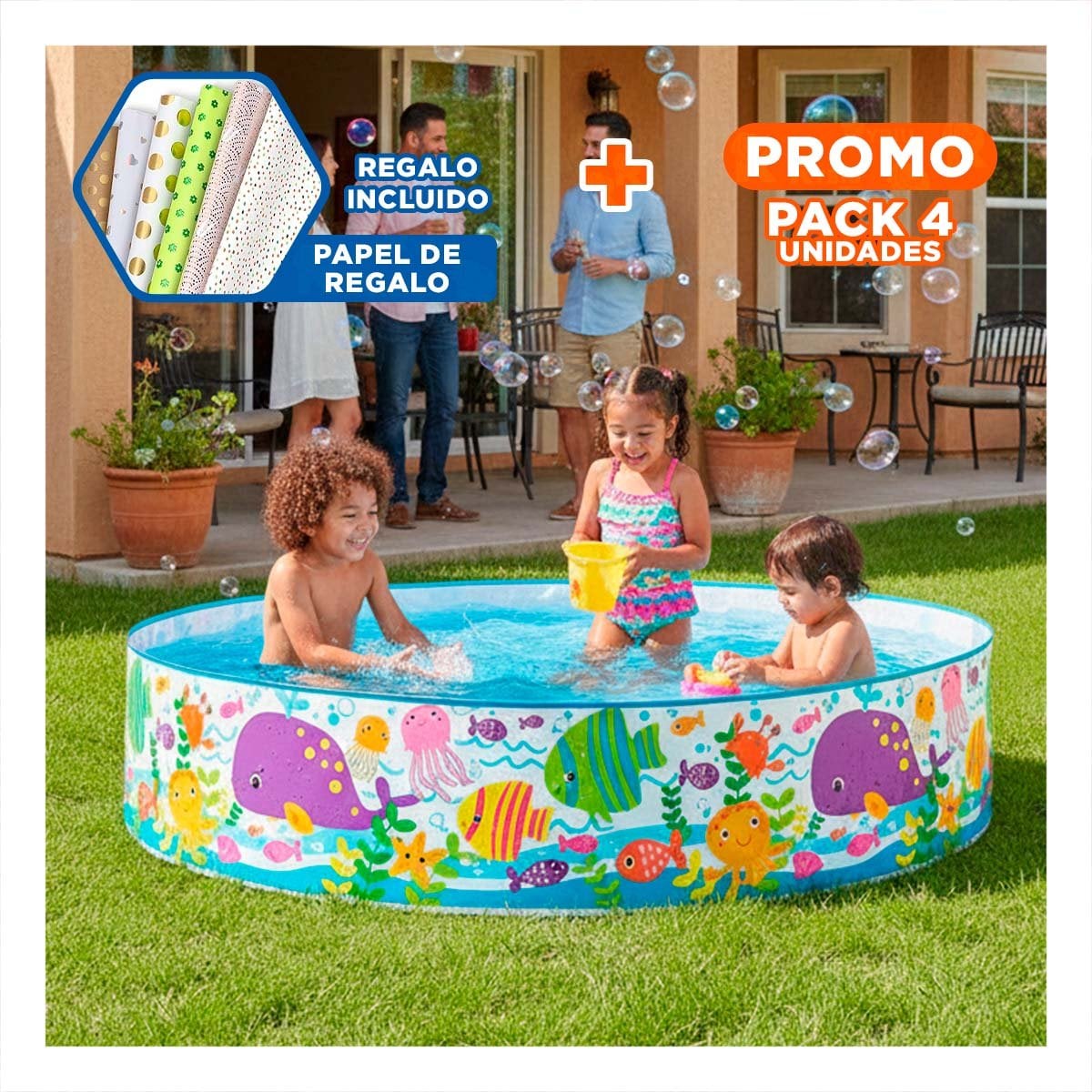 PACK4 PISCINA OCEANO PARA PATIO DEL HOGAR CON RECREACION FAMILIAR AL AIRE LIBRE Y+PAPEL REGALO - 1