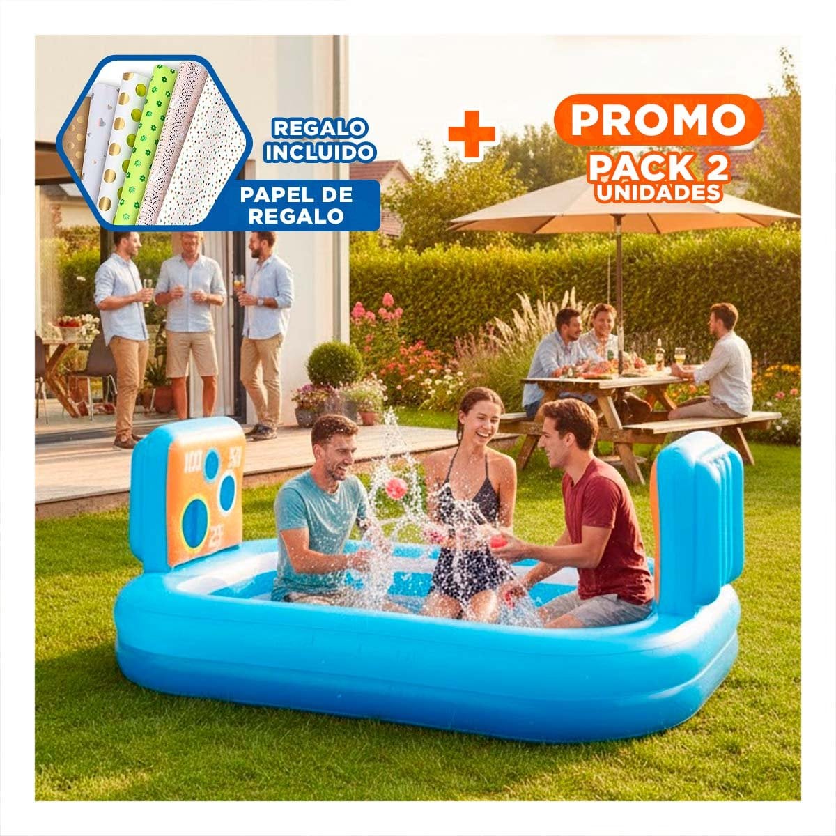 PACK2 ALBERCA INFLABLE DE JARDIN CON DOS PORTERIAS Y DIVERSION FAMILIAR Y+PAPEL REGALO - 1