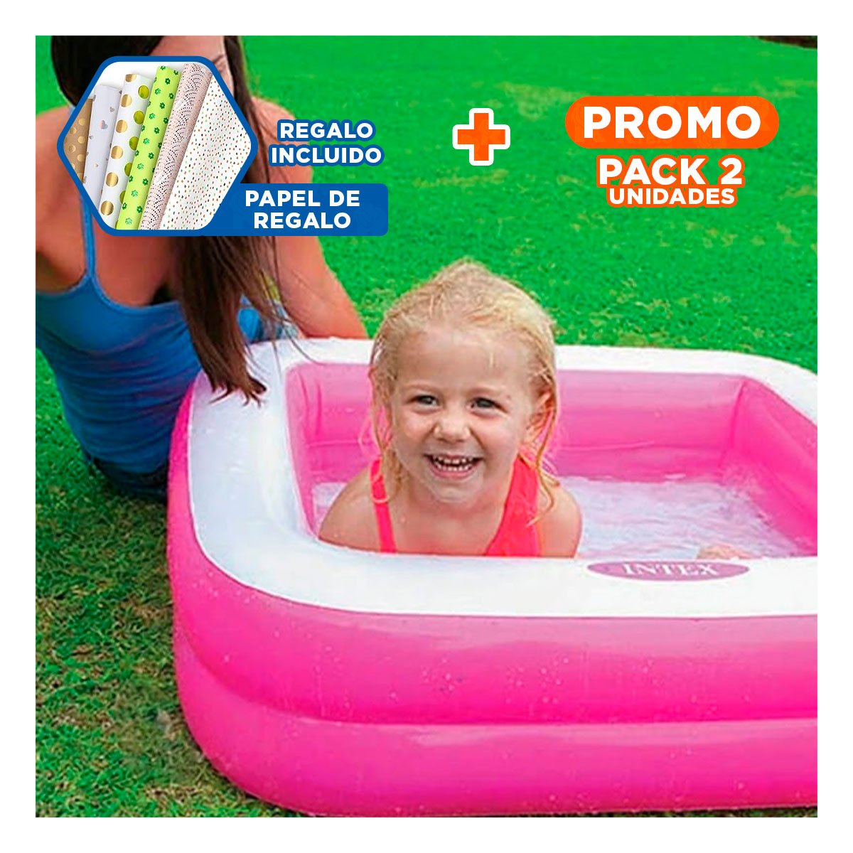 PACK2 PISCINETA DE AGUA ACOLCHADA 85X85X23CM ROSADO PARA NINOS Y+PAPEL REGALO - 1