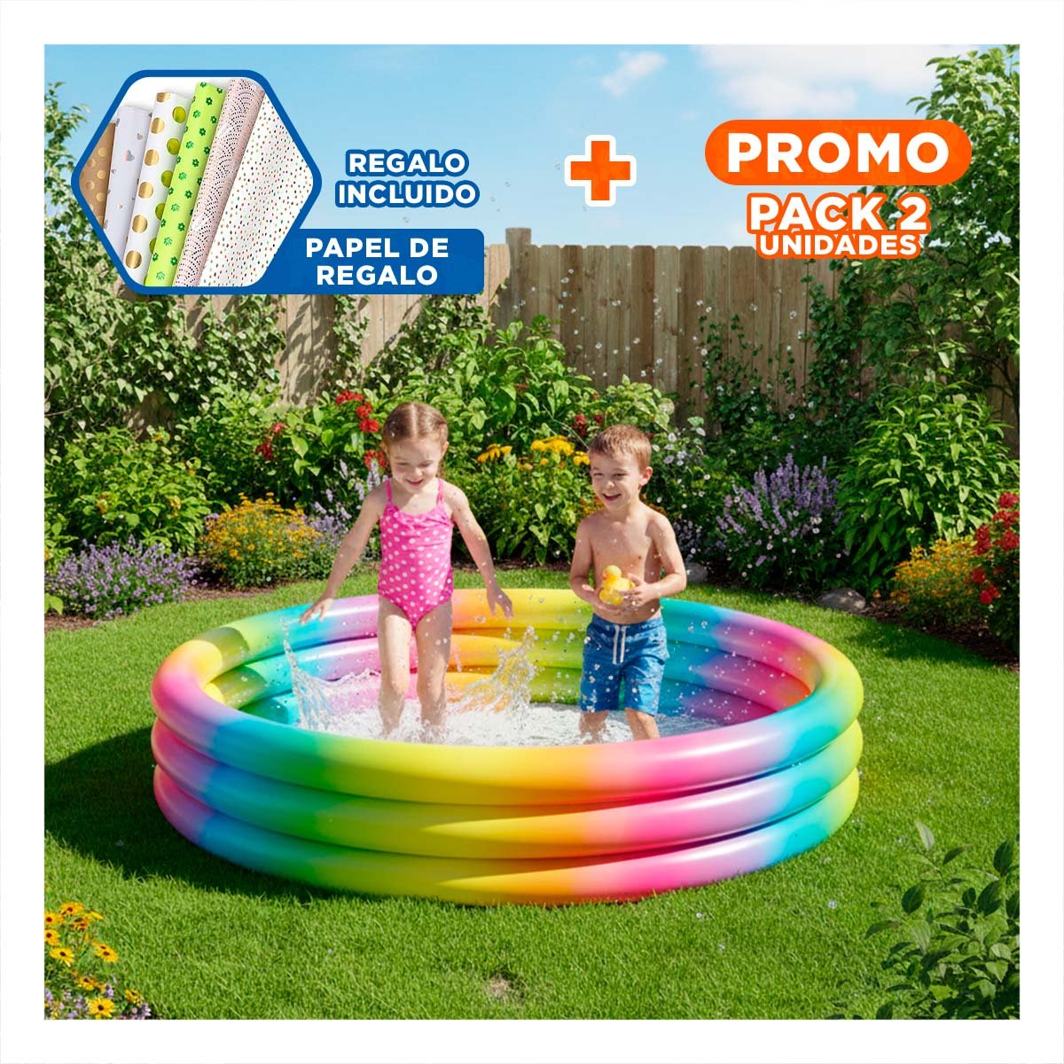 PACK2 ZONA ACUATICA DE COLORES 147 X 33 CM INFLABLE PARA ESPACIOS DEL HOGAR Y+PAPEL REGALO - 1