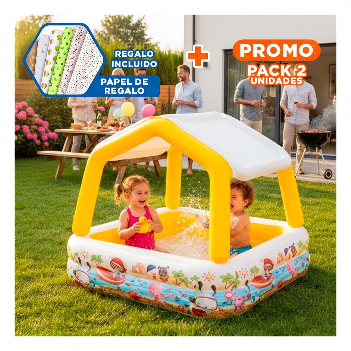 PACK2 AMBIENTE ACUATICO INFLABLE CON TOLDO DESMONTABLE PARA HOGAR Y PATIO Y+PAPEL REGALO - 1