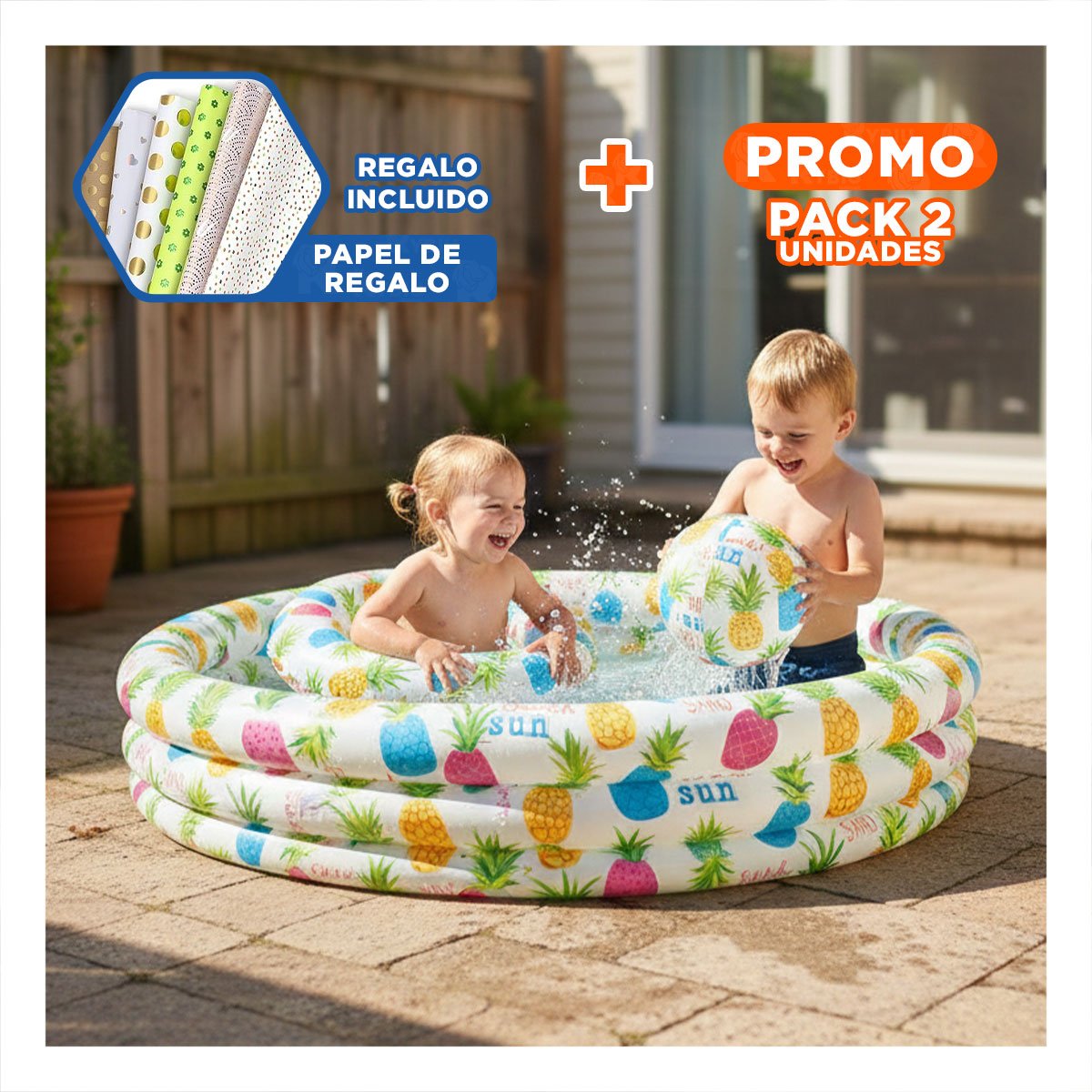 PACK2 ALBERCA INFLABLE COLORIDA RCON DECORACION TROPICAL Y PELOTA DE JUEGO Y+PAPEL REGALO - 1