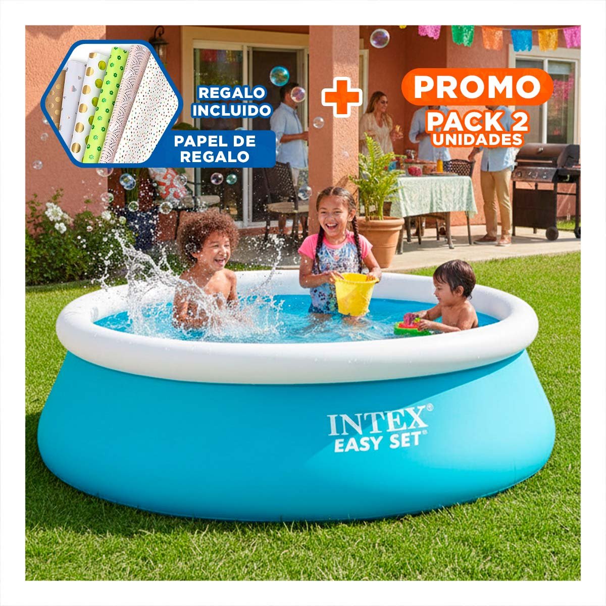 PACK2 ESTILO INFLABLE CIRCULAR CON BORDE SUAVE PARA PATIO Y DIAS DE VERANO Y+PAPEL REGALO - 1