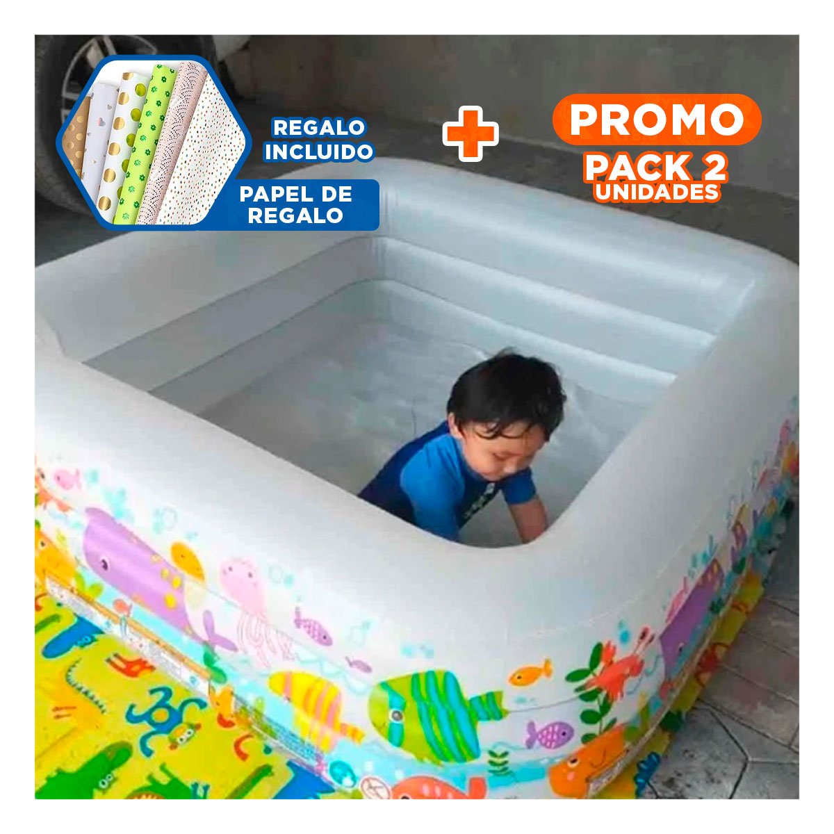 PACK2 CENTRO ACUATICO DE AGUA 159 X 159 X 50 CM PARA JUEGOS FAMILIARES Y+PAPEL REGALO - 1