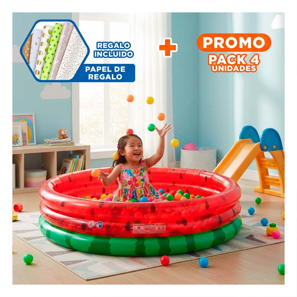 PACK4 PISCINA SANDILLA INFLABLE PARA HOGAR CON RECREACION AL AIRE LIBRE Y+PAPEL REGALO - 1