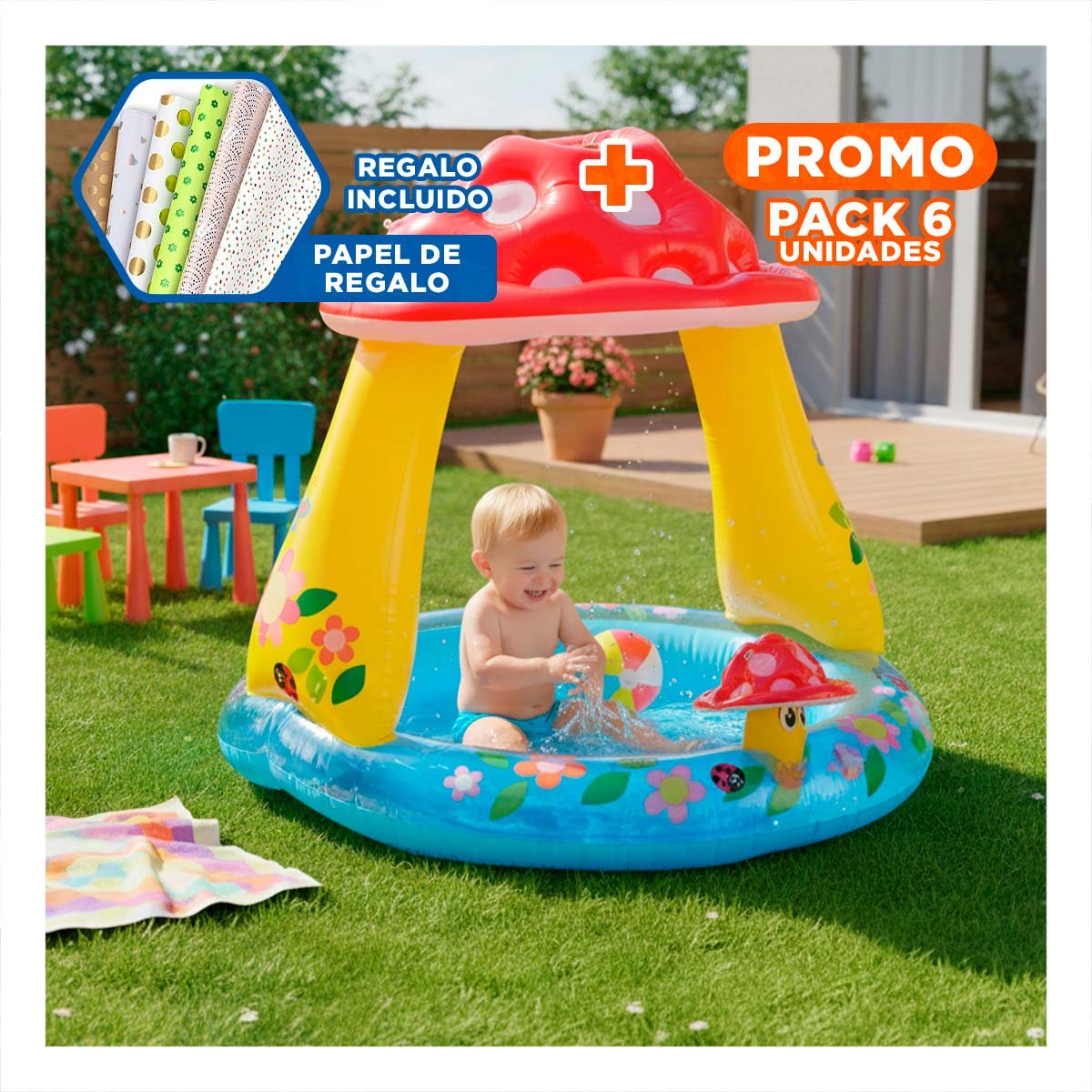 PACK6 DISFRUTE HONGUITO INFLABLE PARA HOGAR PATIO Y JUEGOS DE AGUA Y+PAPEL REGALO - 1