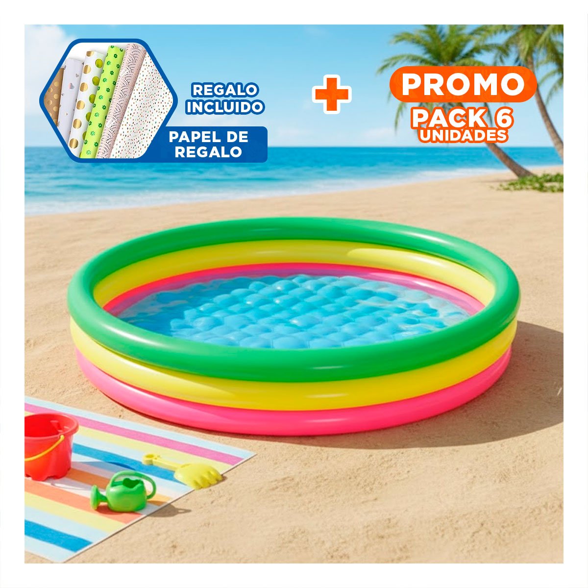 PACK6 PILETA DE AGUA FAMILIAR ARCOIRIS 1.02 X 25 CM PARA USO DIARIO Y+PAPEL REGALO - 1