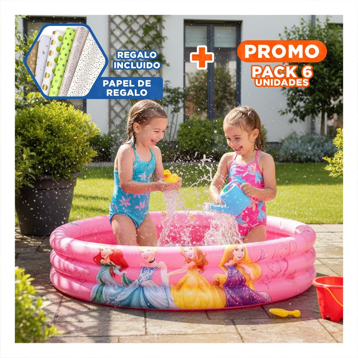 PACK6 PISCINITA PRINCESA INFLABLE PARA CASA Y PATIO CON AGUA Y ESTILO VERANO Y+PAPEL REGALO - 1