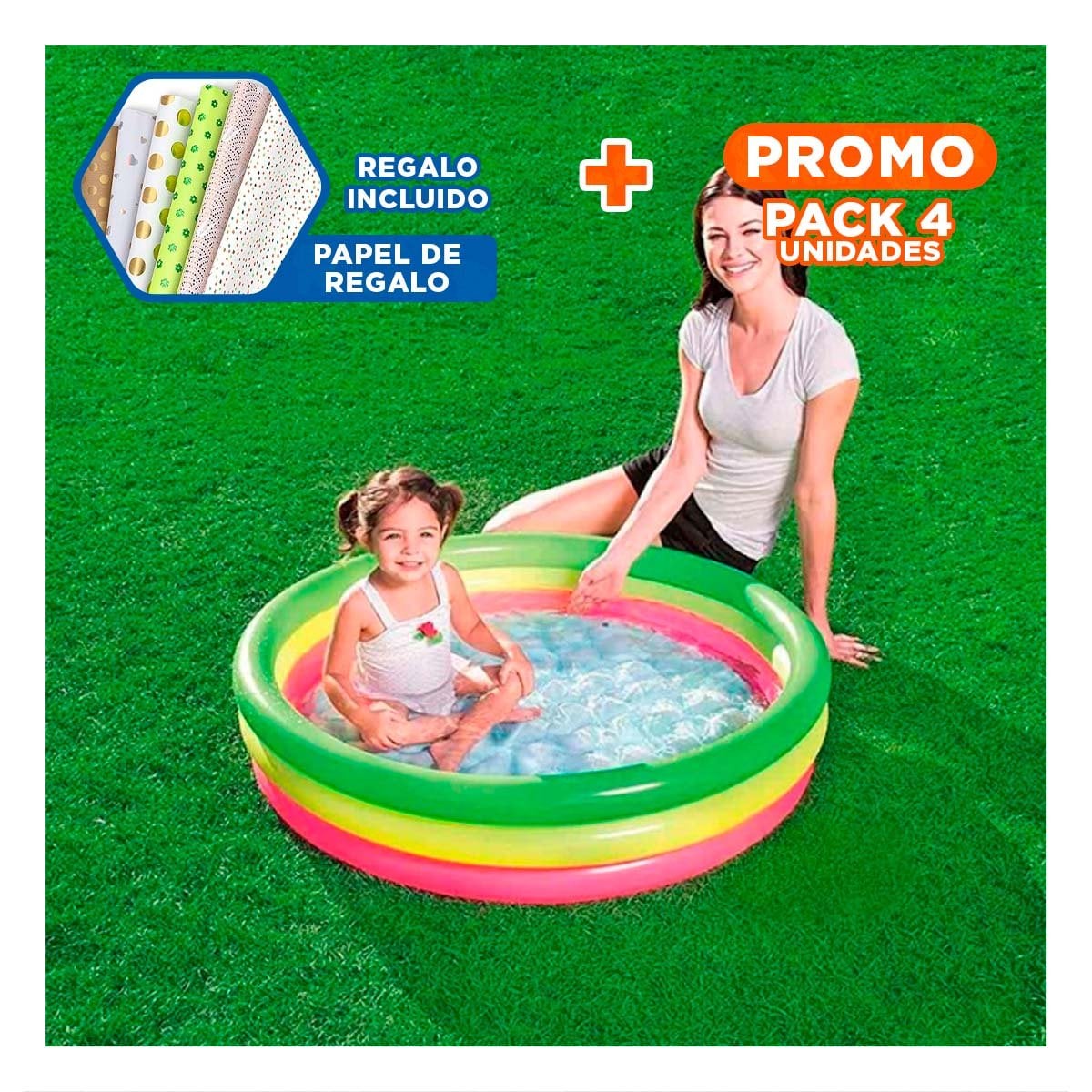 PACK4 PISCINA REDONDA FAMILIAR ARCOIRIS 1.02 X 25 CM PARA VERANO REFRESCANTE Y+PAPEL REGALO - 1