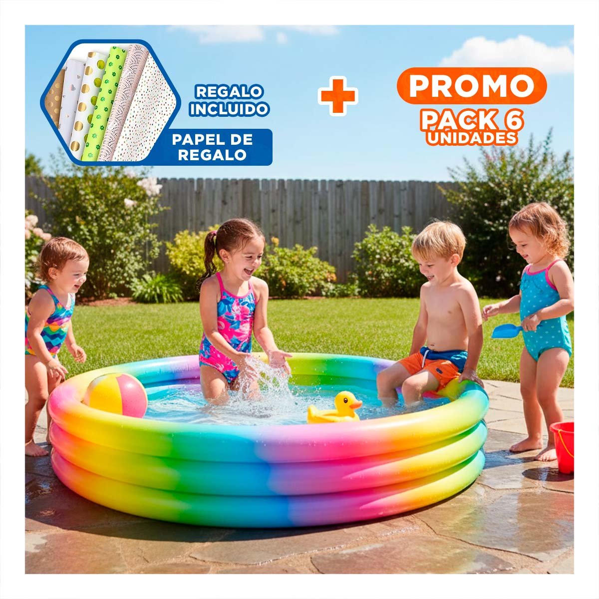 PACK6 PISCINA DE COLORES 147 X 33 CM INFLABLE PARA USO DIARIO EN CASA Y+PAPEL REGALO - 1
