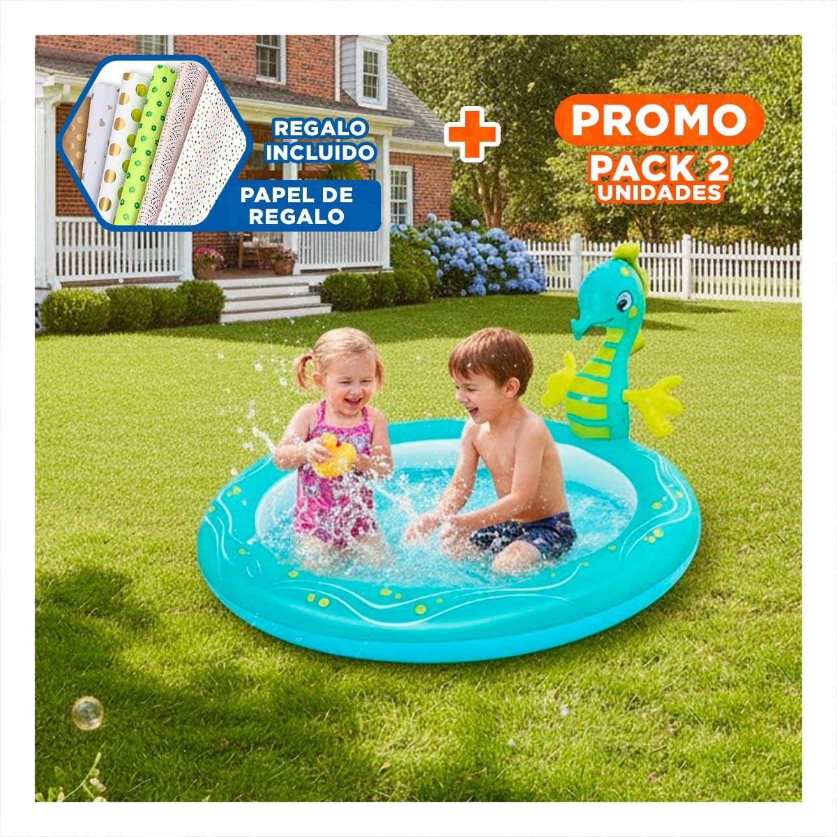 PACK2 PILETA INFLABLE CABALLITO DE MAR PARA CASA EXTERIOR CON DISENO MARINO Y+PAPEL REGALO - 1