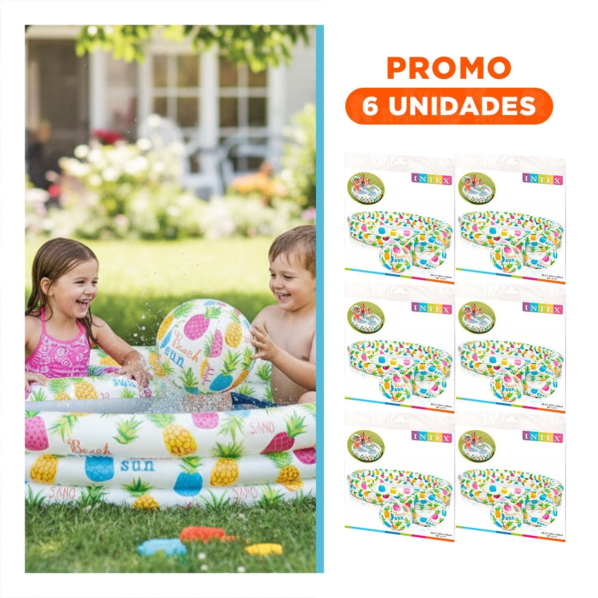 PACK6 ALBERCA INFLABLE PARA CASA CON ESTILO TROPICAL DECORATIVO Y JUEGO REFRESCANTE - 1