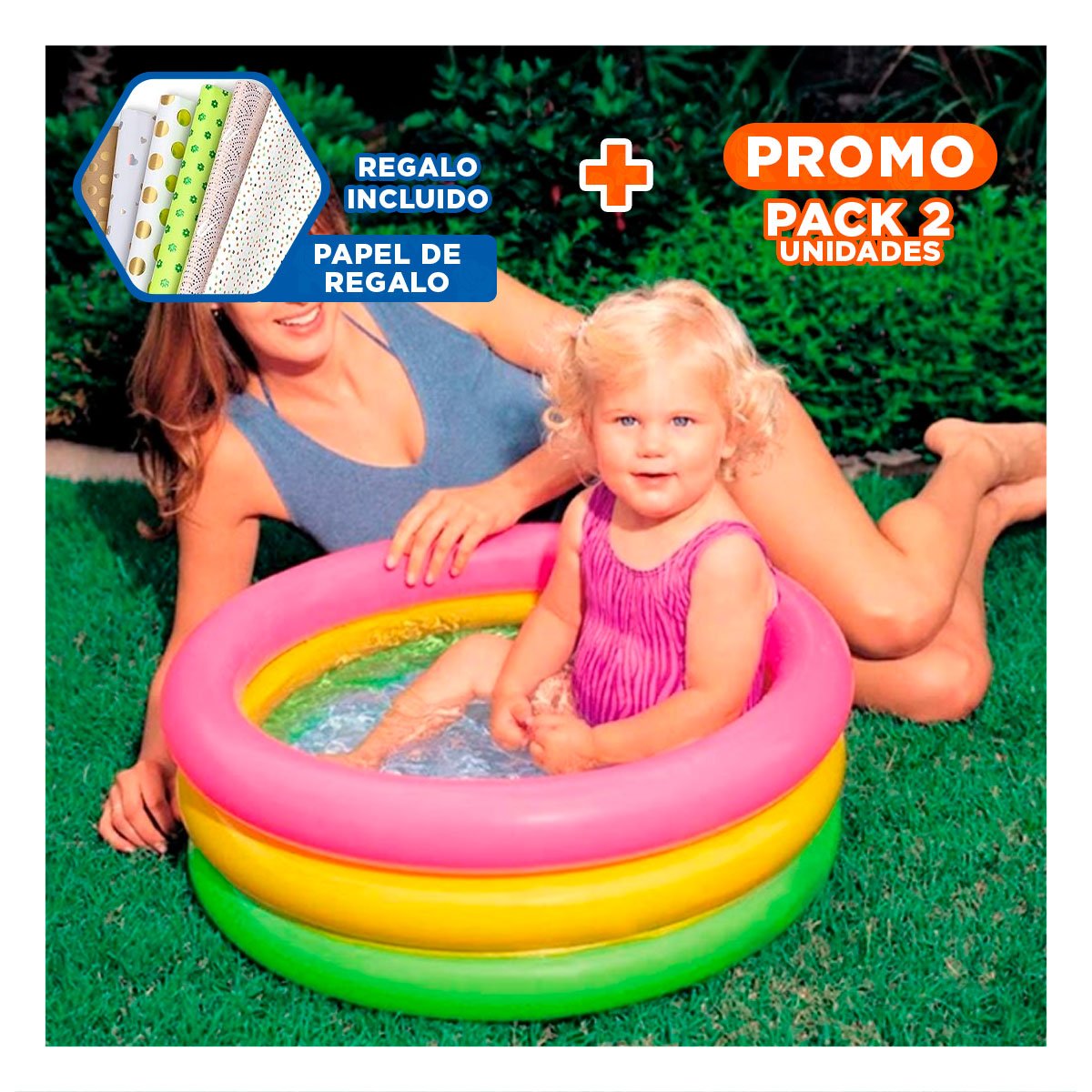 PACK2 PILETA PARA BEBES ARCOIRIS 61 X 22 CM COMO CENTRO DE AGUA SEGURO Y+PAPEL REGALO - 1