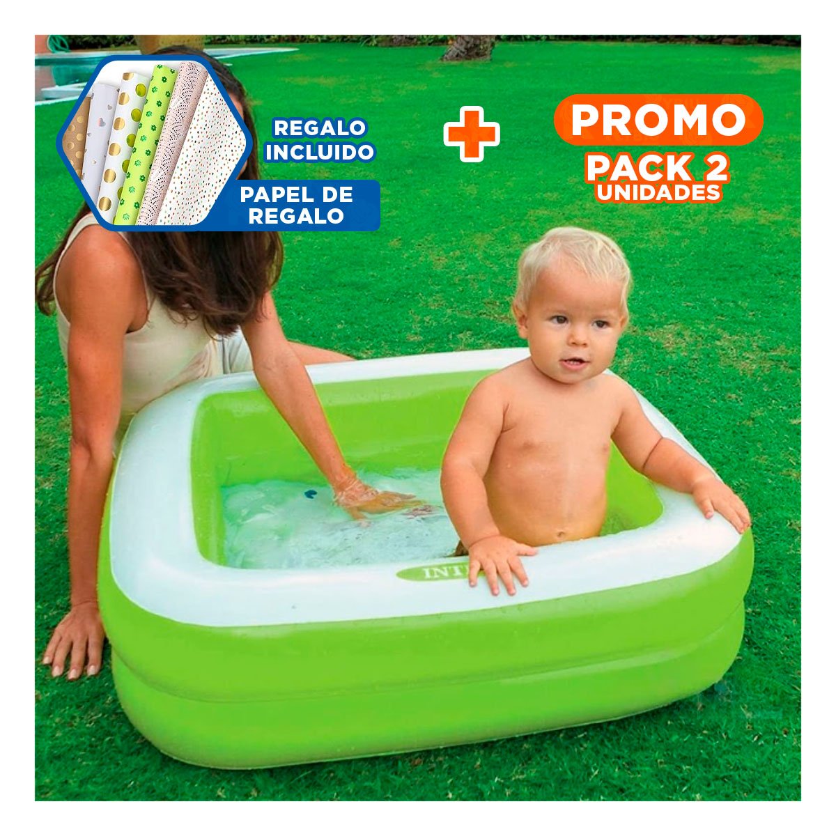 PACK2 PISCINETA COMPACTA ACOLCHADA 85X85X23CM VERDE PARA HOGAR Y+PAPEL REGALO - 1