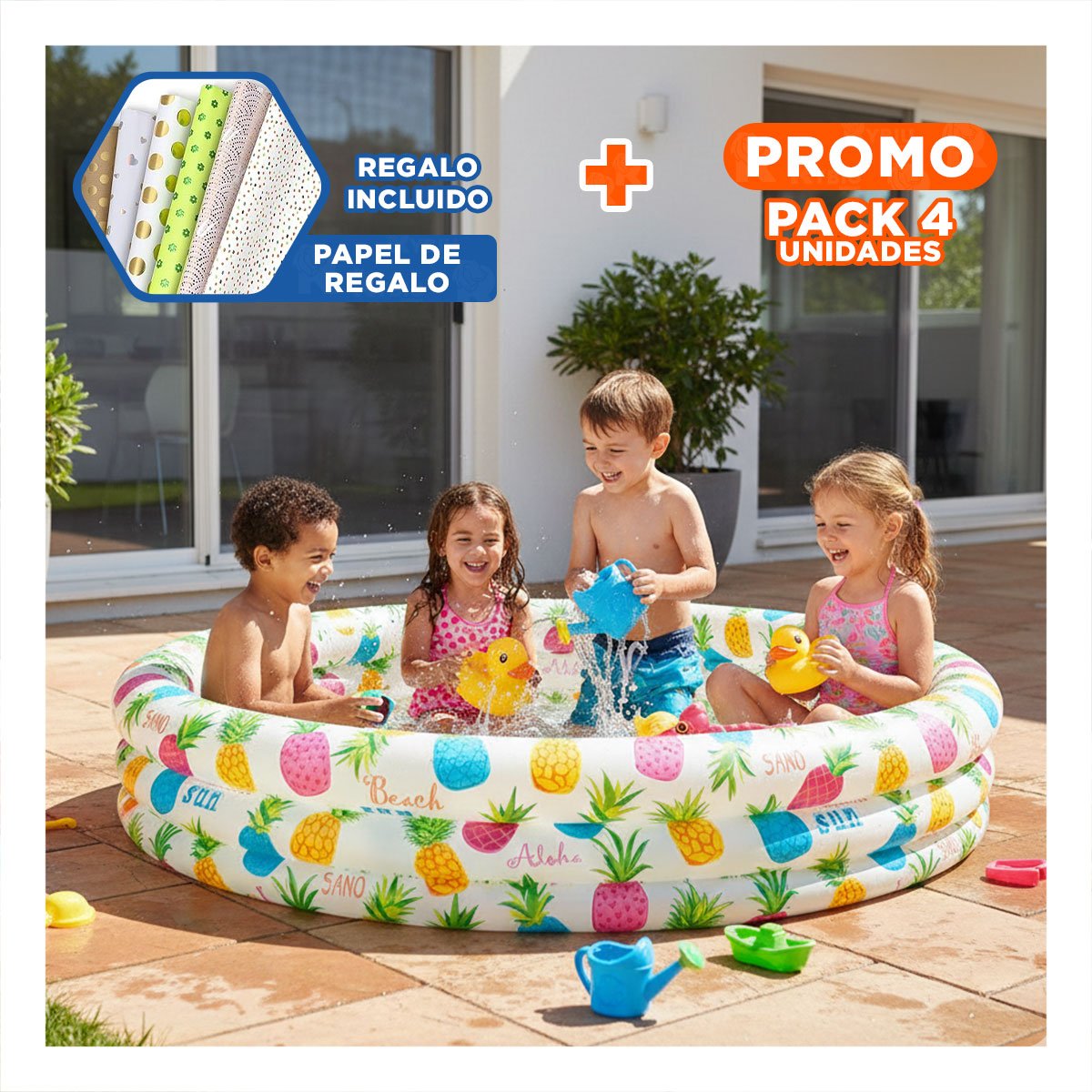 PACK4 TINA INFLABLE CON DISENO TROPICAL PARA HOGAR EN DIAS DE VERANO Y+PAPEL REGALO - 1