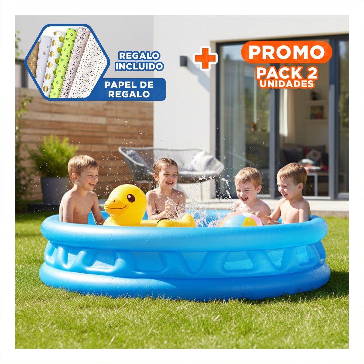 PACK2 PISCINA INFLABLE PARA HOGAR CON BASE SUAVE Y USO FAMILIAR EN VERANO Y+PAPEL REGALO - 1