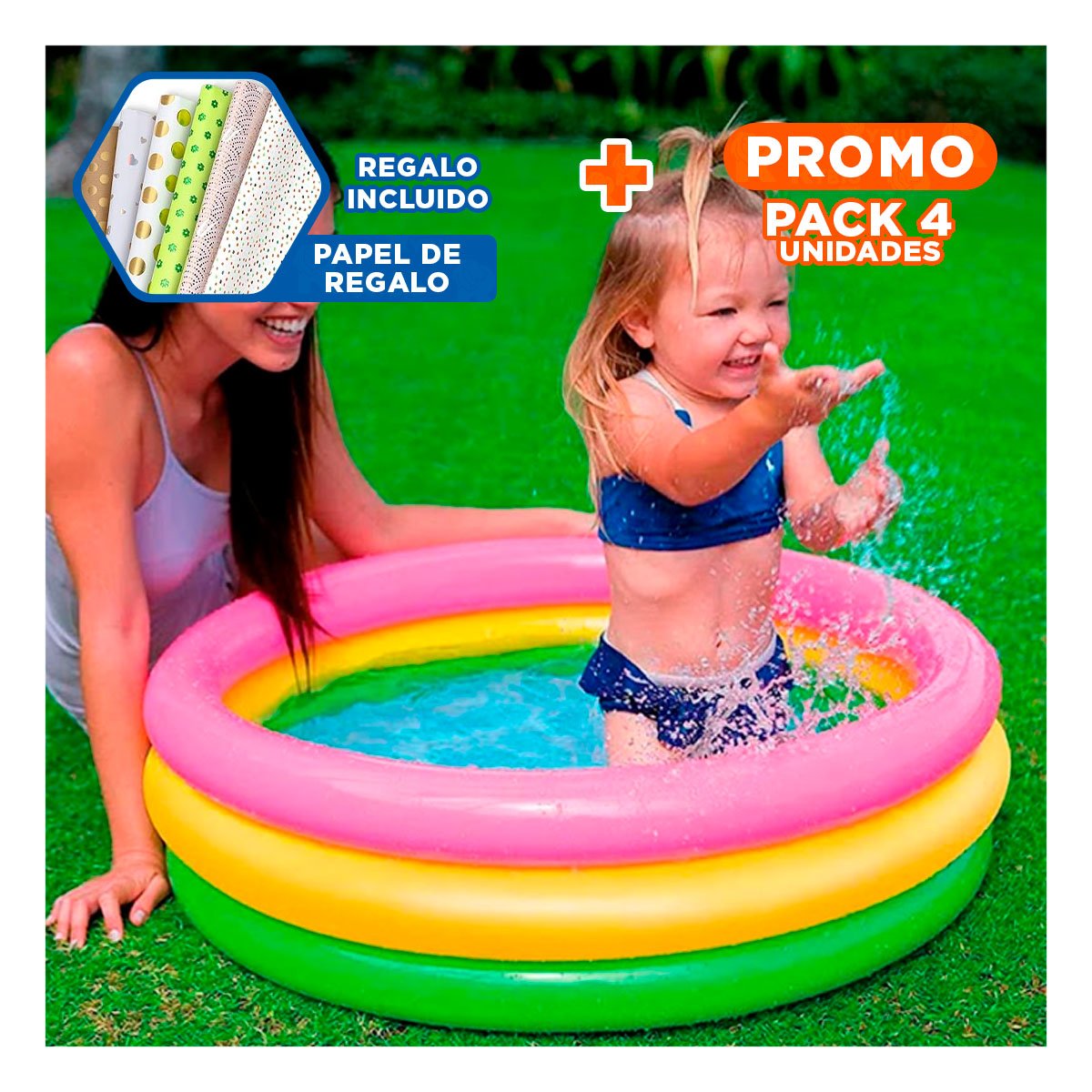 PACK4 CENTRO ACUATICO INFANTIL ARCOIRIS INFLABLE 86 X 25 CM PARA HOGAR Y+PAPEL REGALO - 1