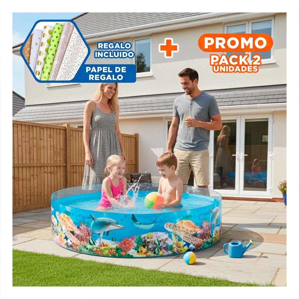PACK2 PILETA INFLABLE DELFIN PARA CASA Y PATIO CON ESTILO MARINO Y+PAPEL REGALO - 1
