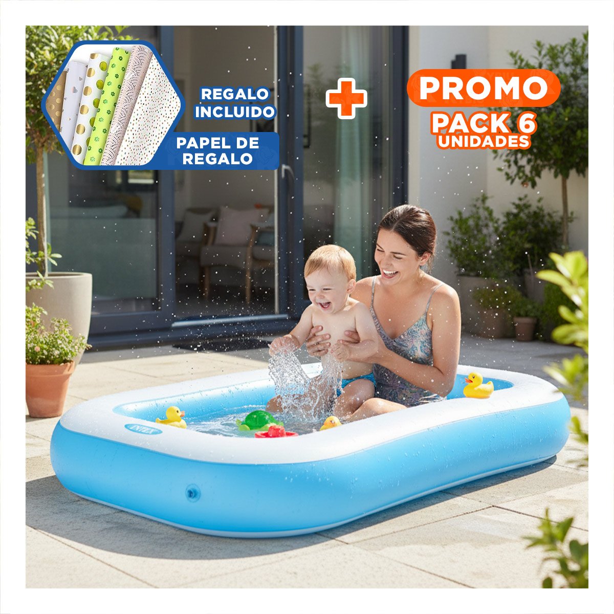 PACK6 ESTRUCTURA ACUATICA RECTANGULAR RESISTENTE 168X100X28 CM PATIO PLUS Y+PAPEL REGALO - 1