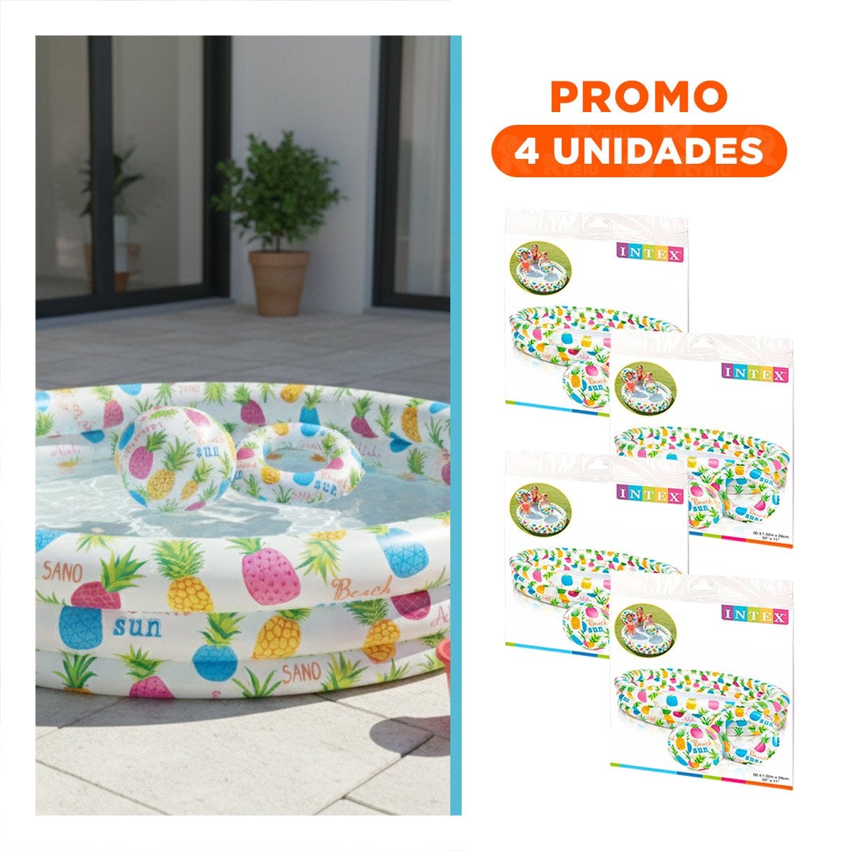 PACK4 PISCINA INFLABLE CON ESTILO TROPICAL DECORATIVO Y JUEGO REFRESCANTE Y+REGALO STICKER - 1