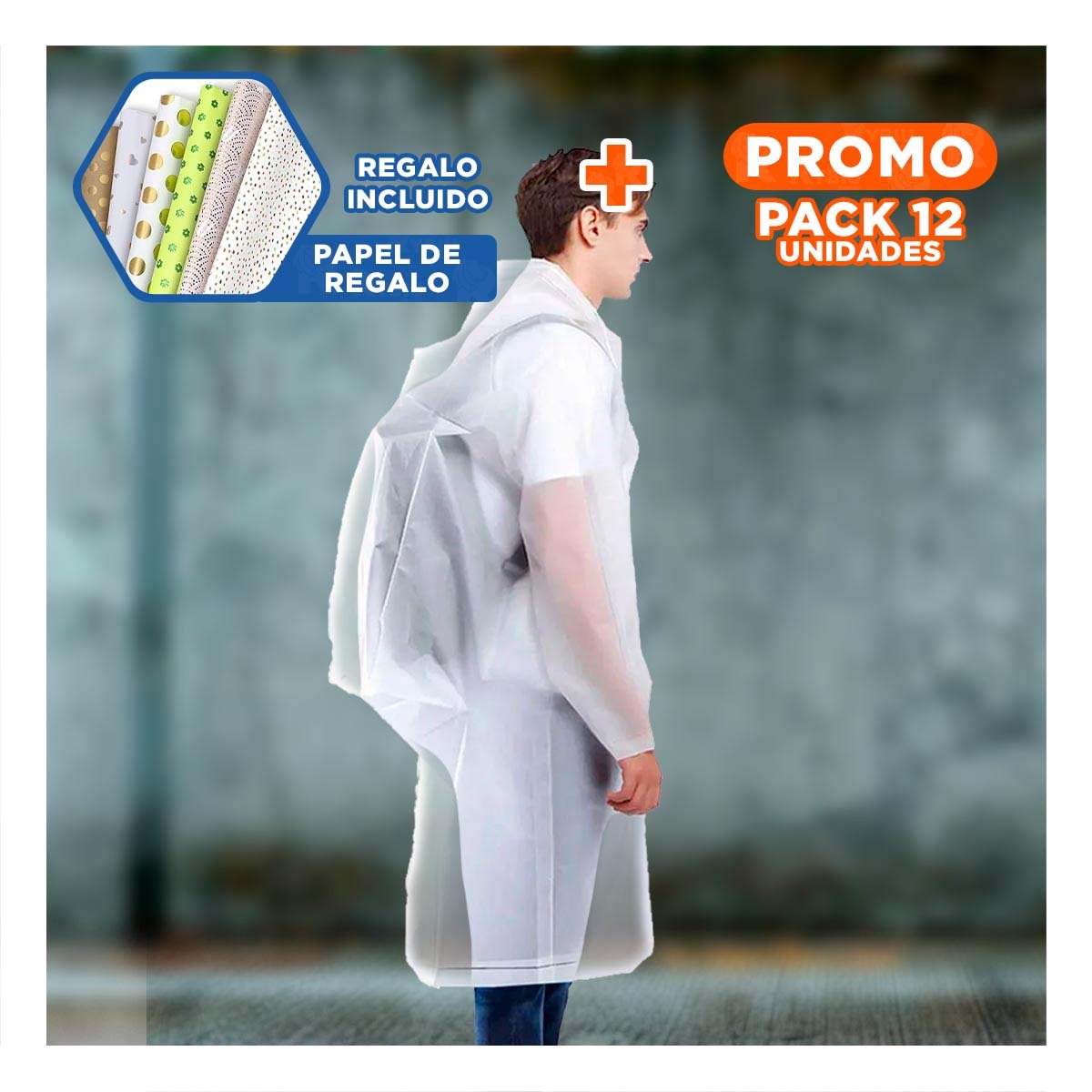PACK12 CAPA DE LLUVIA UNISEX CON DISENO PRACTICO Y MATERIAL DURABLE Y+PAPEL REGALO - 1
