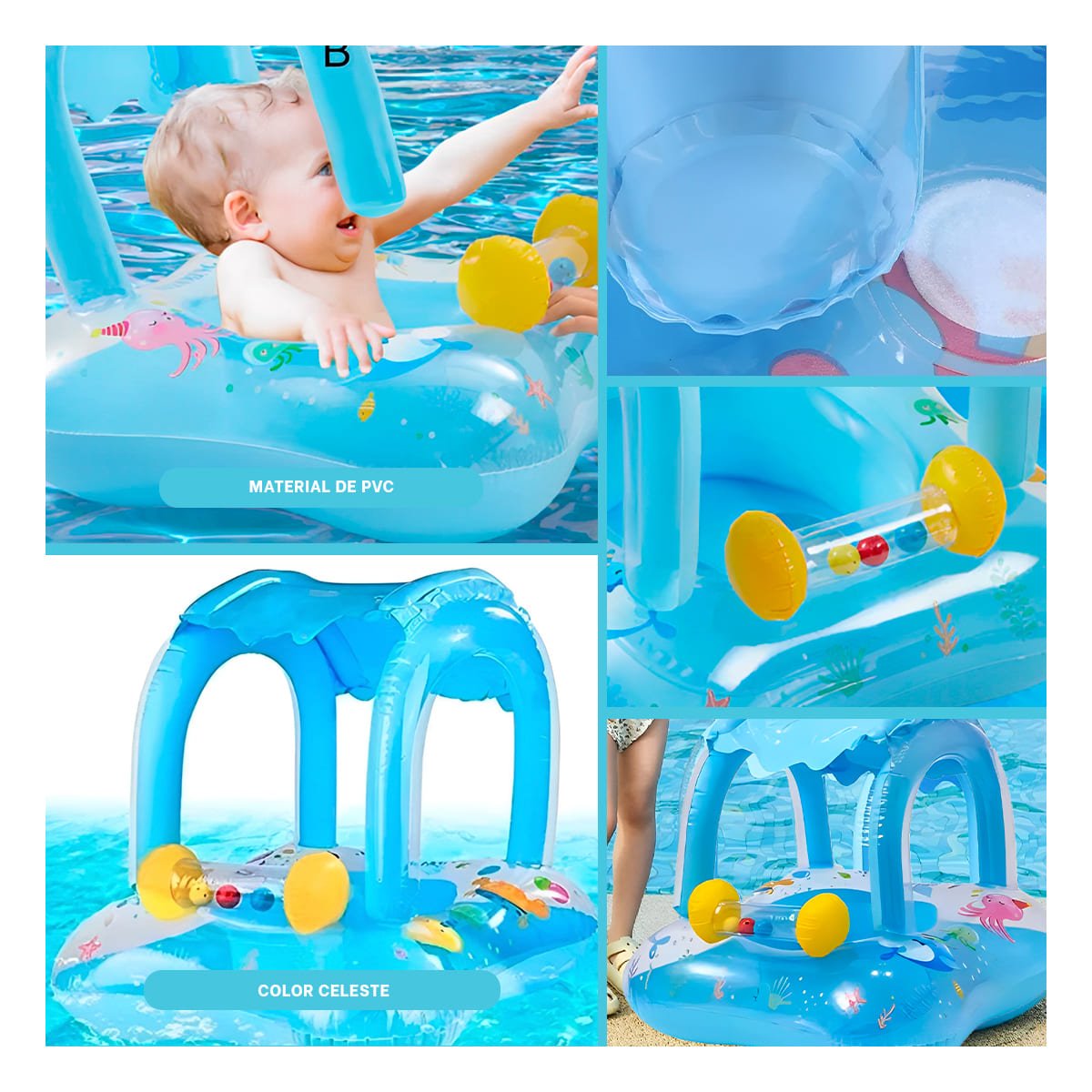 SEGURIDAD ACUATICA BEBE CON TECHO PARA PISCINA HOGAR COMODO SEGURO CELESTE Y+POST IT - 1