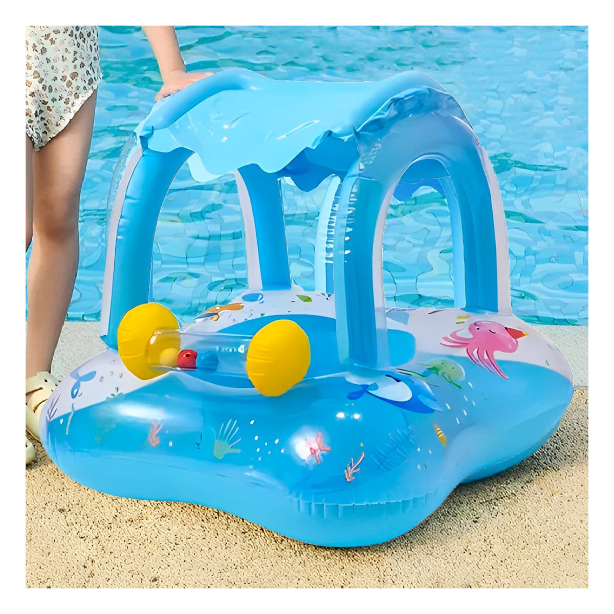 SEGURIDAD ACUATICA BEBE CON TECHO PARA PISCINA HOGAR COMODO SEGURO CELESTE Y+POST IT - 2