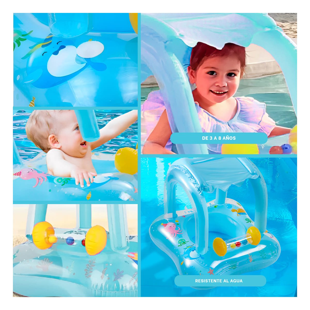 SEGURIDAD ACUATICA BEBE CON TECHO PARA PISCINA HOGAR COMODO SEGURO CELESTE Y+POST IT - 5