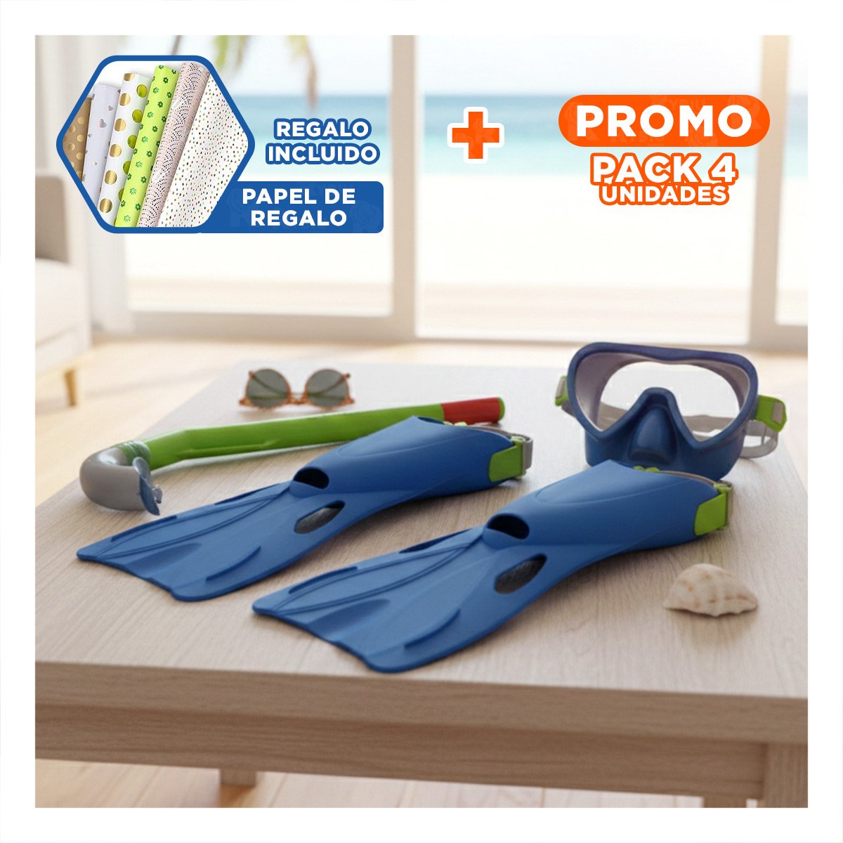 PACK4 KIT DE BUCEO CON LENTES SNORKEL Y ALETAS COMODAS Y+PAPEL REGALO - 1