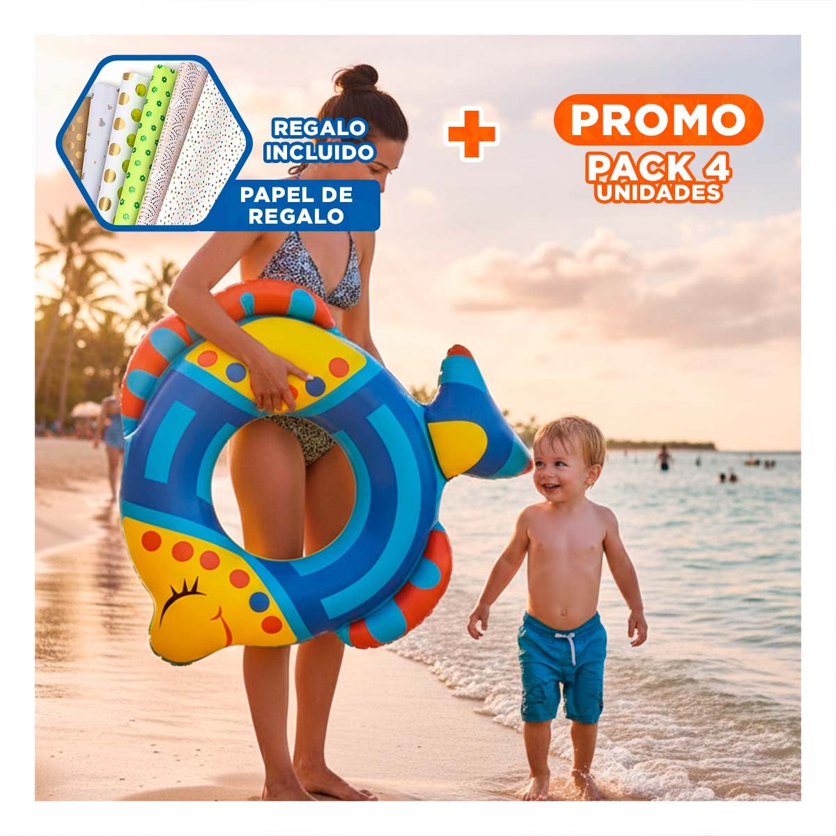 PACK4 DURADERO PEZ INFLABLE AZUL PARA PISCINA PLAYA HOGAR VERANO Y+PAPEL REGALO - 1