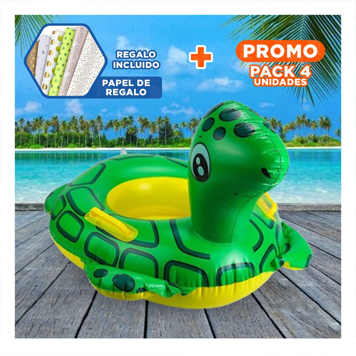 PACK4 SOPORTE FLOTANTE TORTUGA CON ASAS PARA OCIO FAMILIAR EN AGUA COLOR VERDE Y+PAPEL REGALO - 1