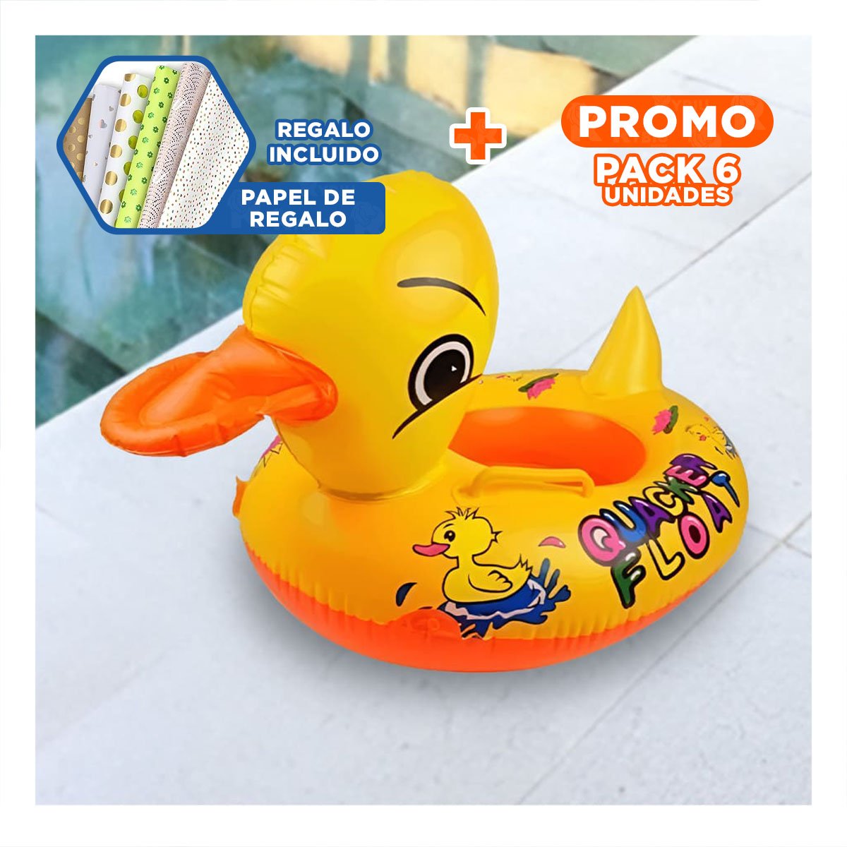 PACK6 DECORATIVO PATO INFLABLE CON ASAS FIRMES PARA PISCINA EN COLOR AMARILLO Y+PAPEL REGALO - 1