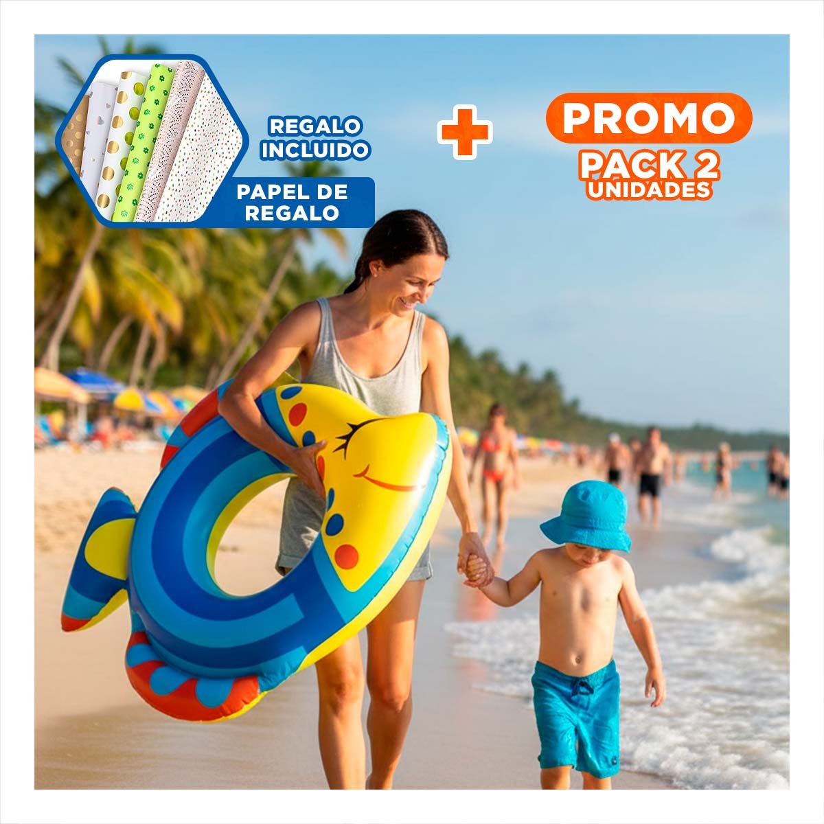 PACK2 ATRACTIVO PEZ INFLABLE AZUL PARA PISCINA PLAYA ESTILO HOGAR Y+PAPEL REGALO - 1
