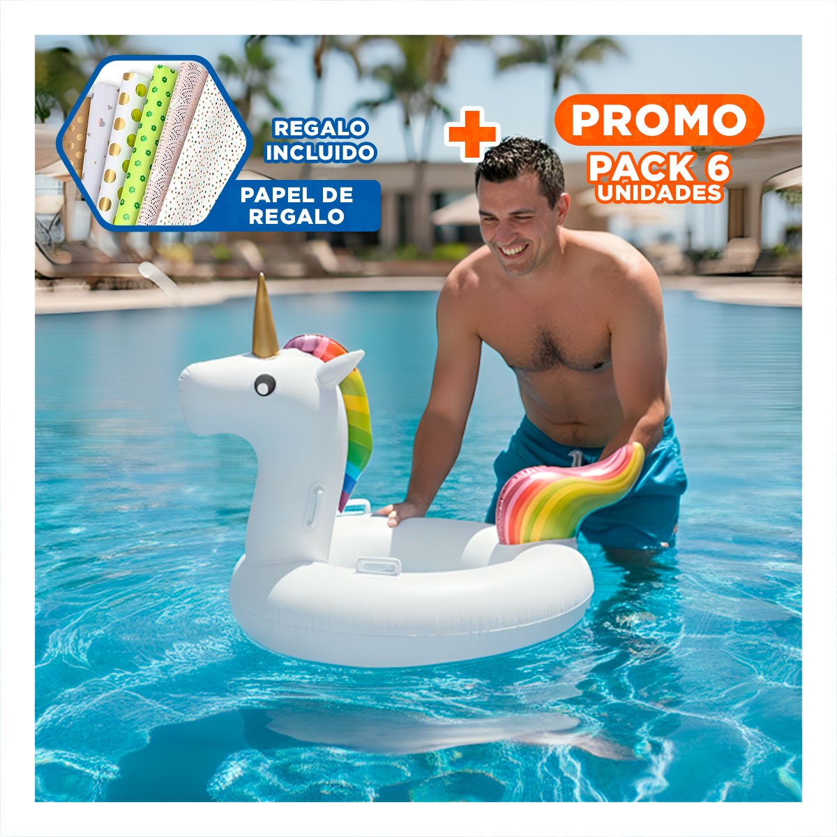 PACK6 UNICORNIO INFLABLE CON ASA PARA PISCINA Y PLAYA ESTILO COLORIDO Y+PAPEL REGALO - 1