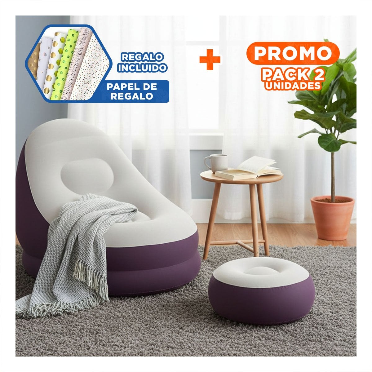PACK2 SOFA INFLABLE CON PUFF INTEGRADO PARA MAYOR COMODIDAD Y+PAPEL REGALO - 1