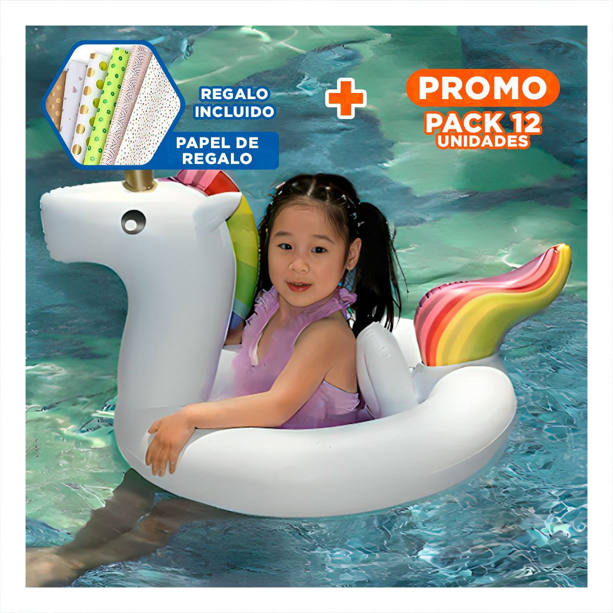 PACK12 INFLABLE CON ASA TIPO UNICORNIO PARA PISCINA Y PLAYA COMODO Y+PAPEL REGALO - 1