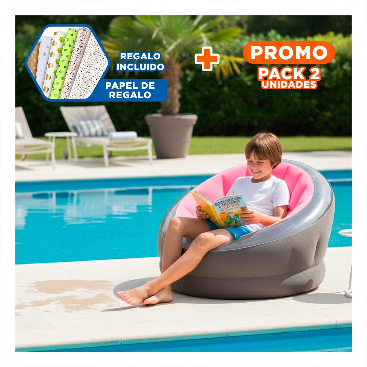 PACK2 ASIENTO INFLABLE ROSADO PARA USO DIARIO EN CASA Y DESCANSO Y+PAPEL REGALO - 1