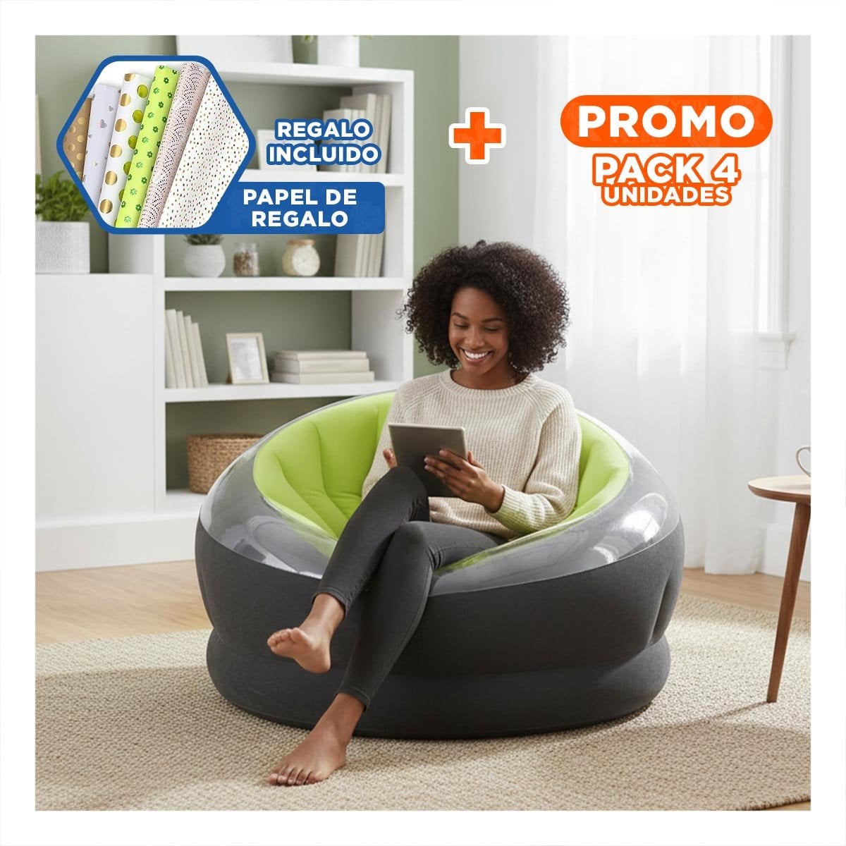 PACK4 SILLON INFLABLE PARA SALA VERDE FUNCIONAL Y+PAPEL REGALO - 1