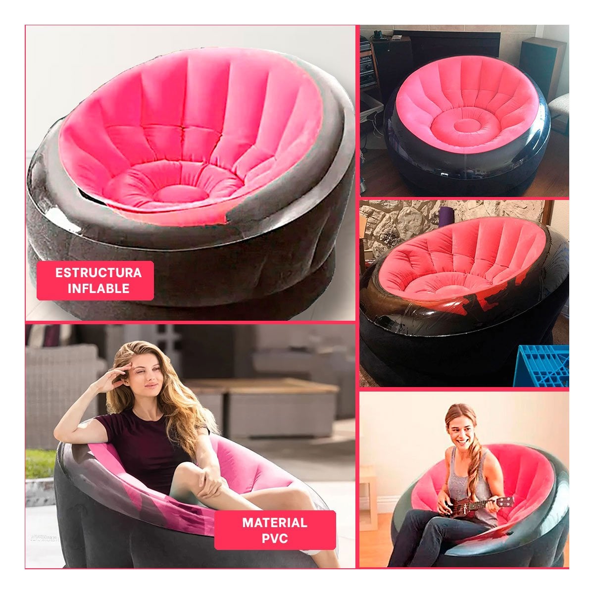 PACK4 SILLON INFLABLE ROSADO PARA ESPACIOS COMODOS DEL HOGAR Y+REGALO STICKER - 2