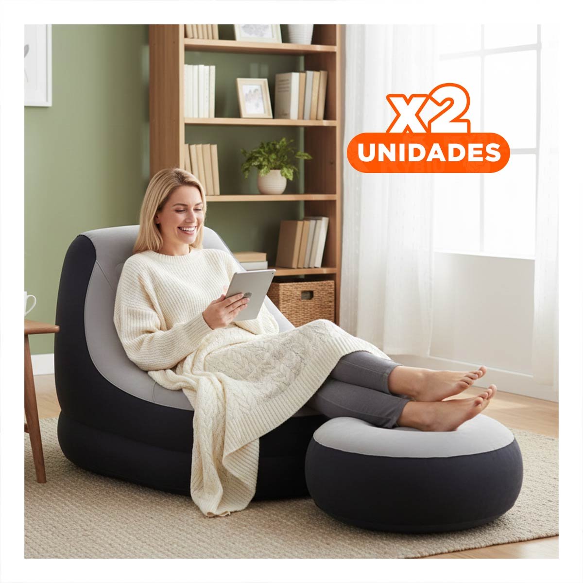 PACK2 POLTRONA COMODA INFLABLE CON POOF PARA AMBIENTES DEL HOGAR Y+REGALO STICKER - 1