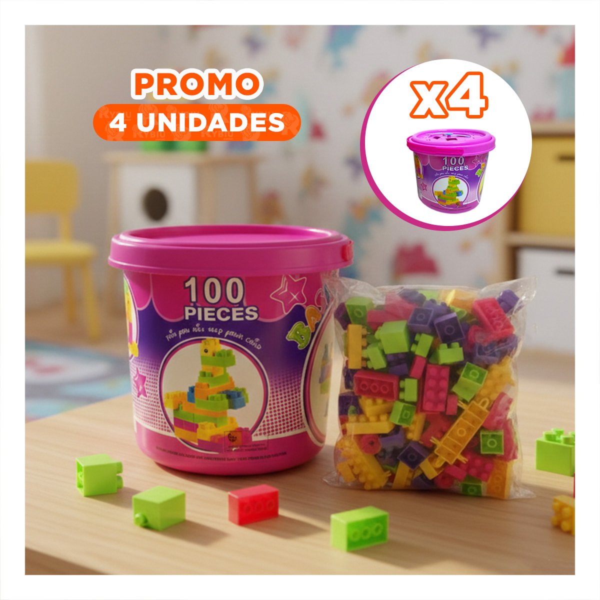 PACK4 PIEZAS PARA APRENDIZAJE INFANTIL 100 PIEZAS MULTICOLOR ROSADO EN BALDE - 1