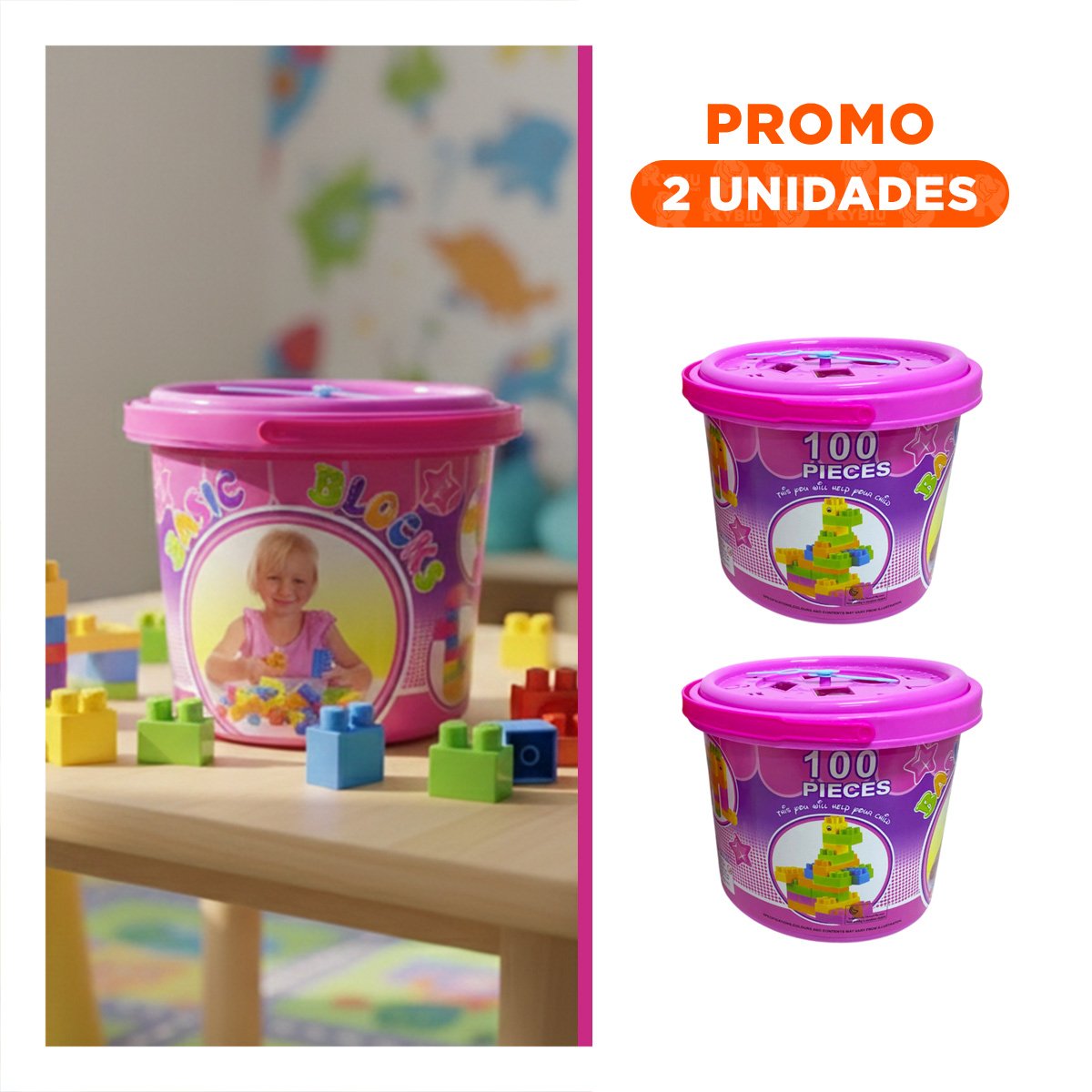 PACK2 SISTEMA DE BLOQUES INFANTILES 100 PIEZAS MULTICOLOR ROSADO EN BALDE - 1