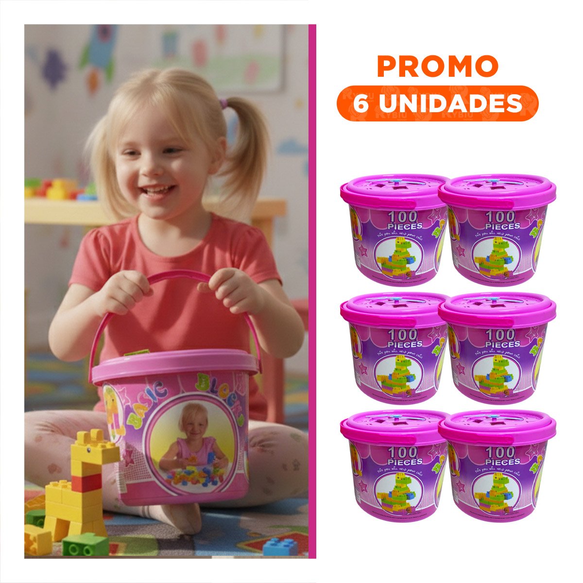 PACK6 KIT DE JUEGO DIDACTICO 100 PIEZAS MULTICOLOR ROSADO EN BALDE PARA NINOS - 1