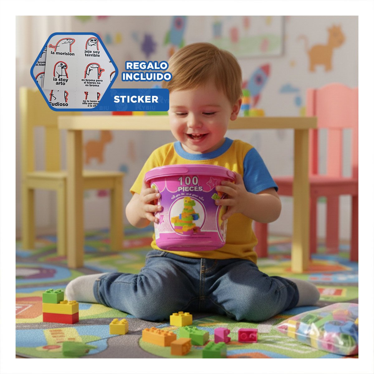 JUEGO DIDACTICO DE CONSTRUCCION 100 PIEZAS MULTICOLOR ROSADO EN BALDE Y+REGALO STICKER - 1