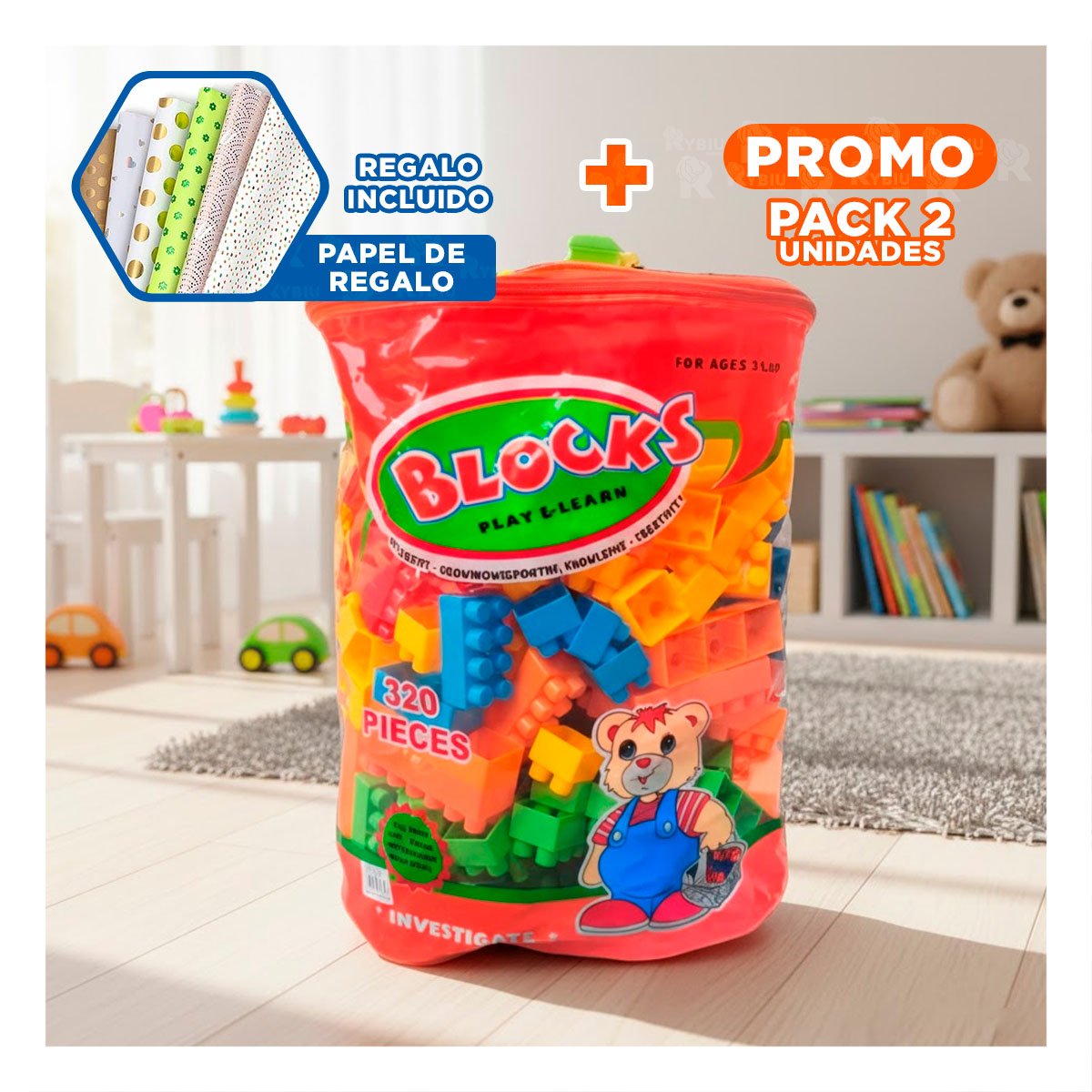 PACK2 JUEGO DE CONSTRUCCION MULTICOLOR EN BOLSA PARA CREAR ESCENARIOS EN HOGAR Y+PAPEL REGALO - 1